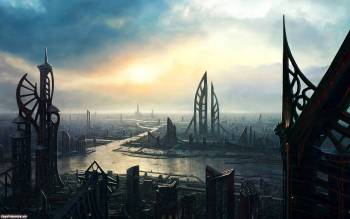 Город будущего, скачать обои 1920х1200, , город, фэнтези, рассвет, небо, облака, горизонт, высота, здание, будущее