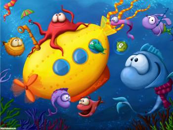 Подводные персонажи, скачать обои из мультиков, , мультфильм, подводная лодка, рыбы, остминог, океан, под водой