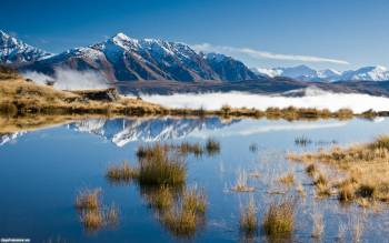 Утро на горном озере, широкоформатные обои 1920х1200, , озеро, утро, отражение, горы, снег, небо, штиль, Новая Зеландия