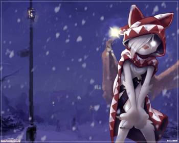 Аниме обои - белая кошка, , кошка, рисунок, аниме, снег, зима, ночь, фонарь