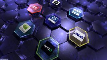 Логотипы AMD, ASUS, HP, intel, ATI, широкоформатные обои 3D, , AMD, ASUS, HP, Intel, ATI, логотип, шестигранник, 3D