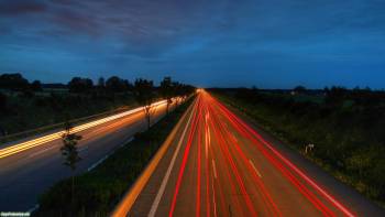 Скоростное шоссе ночью, скачать широкоформатные обои, , ночь, трасса, шоссе, огни, скорость, небо, горизонт