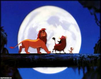 Обои из мультика Король лев: Тимон и Пумба, , Король лев, Тимон, Пумба, луна, бревно, ночь, небо, джунгли, лев