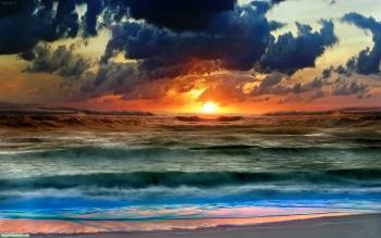Закат на море, красивые широкоформатные обои 1920х1200, , природа, волны, прибой, прилив, тучи, закат, небо, солнце, вечер
