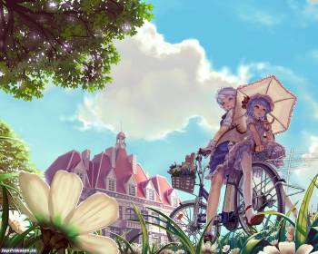 Аниме обои 1280х1024 пикслей, красивые обои аниме, , аниме, лето, небо, облака, велосипед, зонтик, девушки, дерево, цветок