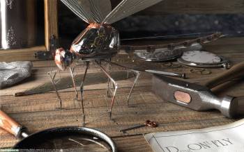 3D обои - металлическая муха на столе, , 3D, муха, стол, макро, молоток, ключ, лупа, инструменты