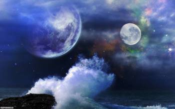 Две луны, обои 1920х1200, , луна, волна, камень