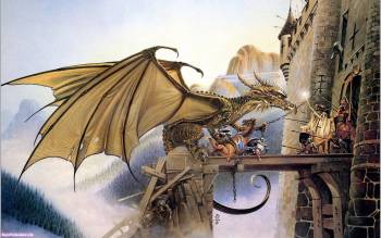 Дракон атакует замок, обои фэнтези 1680х1050, , фэнтези, дракон, осада, атака, замок, мост
