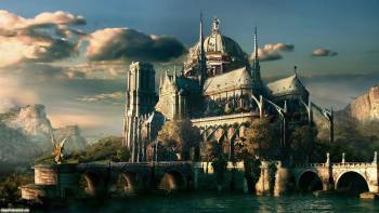 Красивый замок в стиле фэнтези, фэнтези обои 1920х1200, , замок, фэнтези, утро, небо, облака, мост, река