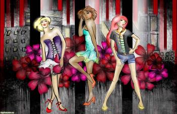 Три рисованные девушки, широкоформатные обои, , рисунок, девушки