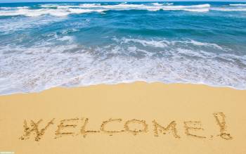 Добро пожаловать в рай! Летние обои на рабочий стол, , лето, надпись. добро пожаловать, песок, пляж, океан, прибой, волна