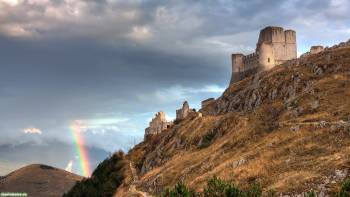 Радуга и замок, широкоформатные обои 1920х1080, , радуга, замок, горы, небо, облака