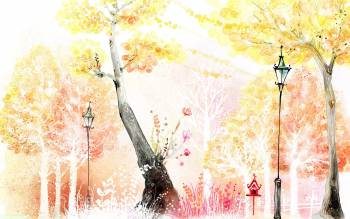 Осенний парк, красивые осенние обои, , рисунок, фонарь, осень, дерево