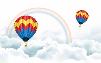 Воздушные шары в небе и радуга, светлые обои, , светлый, воздушный шар, радуга, небо, облака