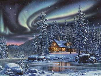 домик на севере, красивые обои с северным сиянием, , северное сияние, ночь, север, зима, снег