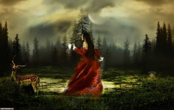 Девушка и косуля в лесу, обои фэнтези, , косуля, олень, девушка, лес, пасмурно, поляна