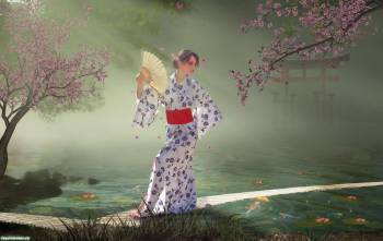 Девушка в кимоно, красивые девушки, одетые в кимоно, , кимоно, девушка, веер, сакура