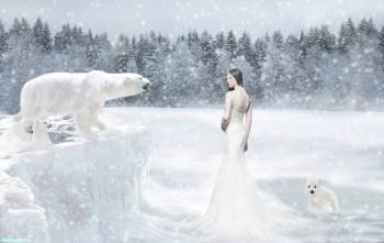 Девушка и белые медведи, красивые зимние обои, , зима, снег, метель, медведь, девушка, холод