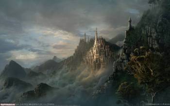 Широкоформатные обои фэнтези - замок на горе, , замок, горы, туман, вечер, тучи, фэнтези