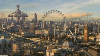 Шикарный вид на фантастический город в будущем, обои 1920, , карусель, город, чертово колесо, мегаполис, будущее
