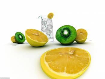 Дольки лимона, киви и вода со льдом - свежие обои 1600х1200, , лимон, долька, стакан, лед, трубочка, напиток, вода, киви, свежесть, фрукты