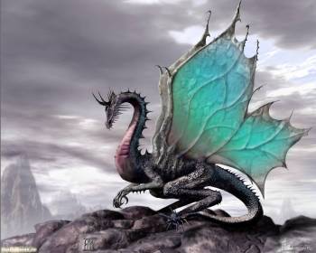 Большой крылатый дракон - обои в стиле фэнтези, , дракон, крылья, скалы, фэнтези