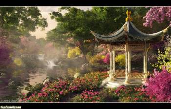 Китайская пагода летом: широкоформатные фэнтези обои, , пагода, сакура, фэнтези, туман, дымка, цветение, река