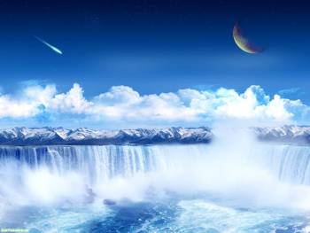 Большие обои - водопад, , водопад, луна, комета, облака, синева, небо, туман, испарения