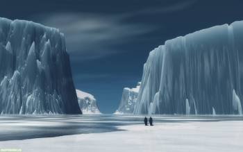 Два пингвина в ледяных скалах - обои 1680x1050 пикселей, , пингвин, скала, лед, мультяшки