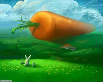 Большая морковь и заяц - рисованные обои, , морковь, заяц, поляна, рисунок