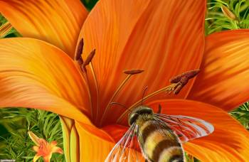 Яркие рисованные обои - пчелка на цветке, , рисунок, пчела, цветок, нектар
