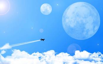 Красивые широкоформатные обои - отправляемся в полет, , полет, самолет, след, луна, небо, простор, настроение, голубизна, синева, облака, свобода