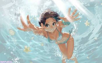 Девчонка под водой, красивые анимешные обои на рабочий стол, , аниме, под водой, лучи, свет