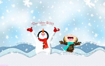 Снеговик и девочка ловят ртом снежинки, Новогодние обои, , Новый год, снежинки, радость, праздник, снег, зима, снеговик, девочка