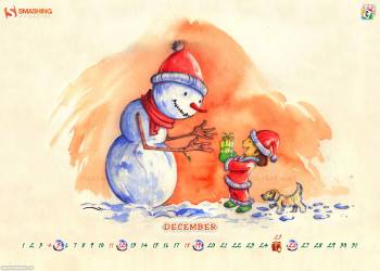 Снеговик и маленький помощник деда Мороза, новогодние обои, , Новый год 2011, 2011, Новый год, праздник, снеговик, помощник, настроение, подарок, снег, зима