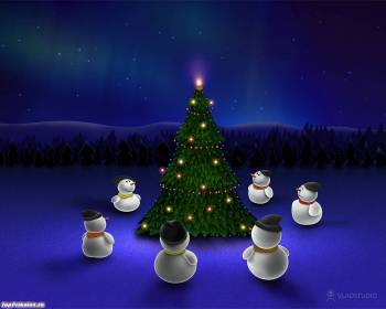 Обои на Новый год 2011 - праздничный хоровод, Новый год 2011, , северное сияние, полюс, зима, снег, холод, снеговик, елка, праздник