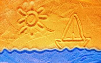 Детский рисунок пальчиком на песке: кораблик и солнышко, , песок, рисунок, парусник, солнце, море, волны