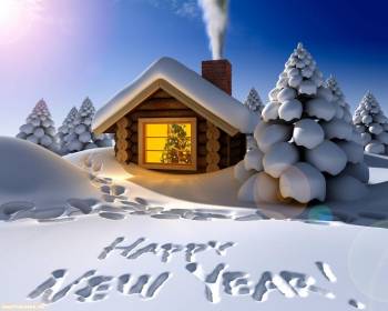 Новогодние обои — поздравление на снегу, , надпись, снег, зима, ель, дом, дым, Новый год, праздник, 3D