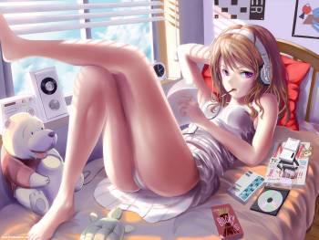 Нескромная девочка на постели, обои аниме, , аниме, постель, ножки, окно, жалюзи