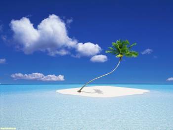 Одинокая пальма на острове, обои с пальмой и островом, , остров, пальма, океан, тропики, облака, лазурь, синий, голубой, горизонт, песок