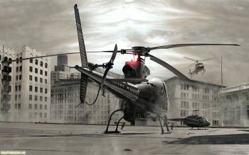 Вертолеты в пустынном городе – обои с вертолетами, , ч/б, вертолет, город