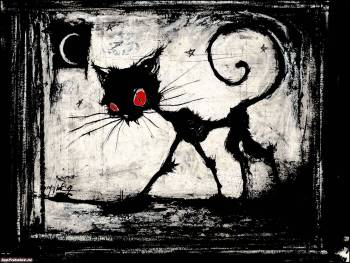 Котик в ночи - обои с мультяшками, рисованные обои, , кот, ночь, глаза, хищник, луна