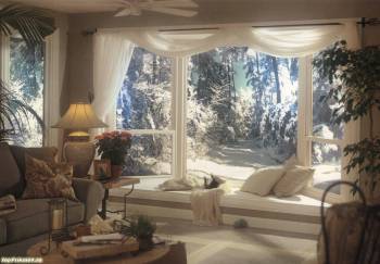 Зима за окном, красивый интерьер жилой комнаты, , интерьер, комната, зима, окно, диван, лампа, обзорное окно, дизайн интерьера