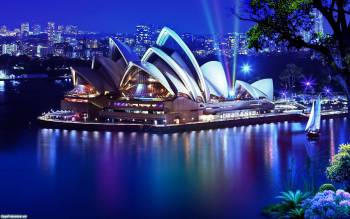 Здание оперного тестра в Сиднее, Австралия, , оперный театр, опера, Австралия, ночь, отражение, огни, архитектура, город, Сидней