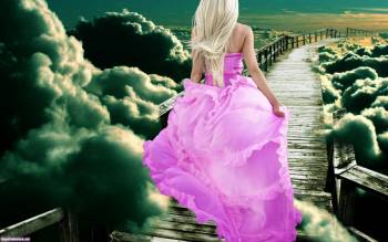Красивая девушка в розовом платье на мосту в небе, , девушка, облака, мост, фэнтези, розовый, коллаж, зарисовка