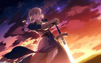 Аниме красивые широкоформатные обои: девочка с мечом, , девочка, меч, аниме, закат