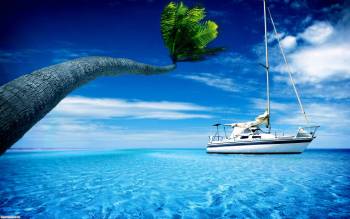 Роскошная прогулочная яхта где-то на тропическом курорте, , яхта, пальма, тропики, лазурь, лазурный, катер, море, океан, небо, облака