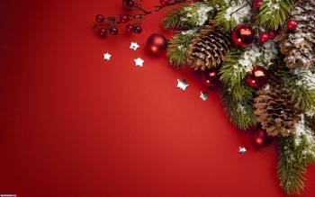 Веточка с шишками и новогодними шарики, Новогодняя веточка елки, шарики, Новый год, праздник, красный, настроение