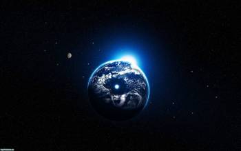 Вид из космоса на нашу планету, Голубой шарик в черном мрачном космосе, планета, земля, звезды, блик света, космос