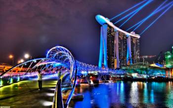 Современный отель в сингапуре, Дрессированное электричество на рабочий стол, city, singapor, hotel Сингапур, отель, лазери, здания, мост, освещение.